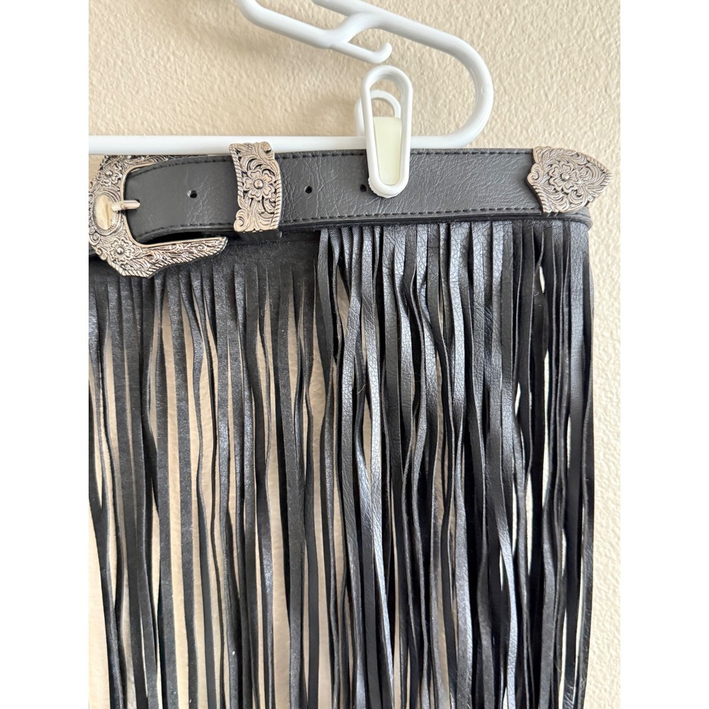 Western‎ Black Faux Leather Fringe Belt Skirt Double Buckle Festival Cowgirl - Picture 4 of 8